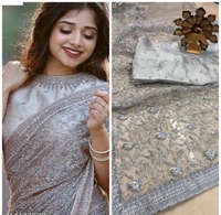 CHARVI DRISHYA Net Grey Color Sarees With Banarsi Silk Running Blouse - Free Size, Grey, Net, Pack of1